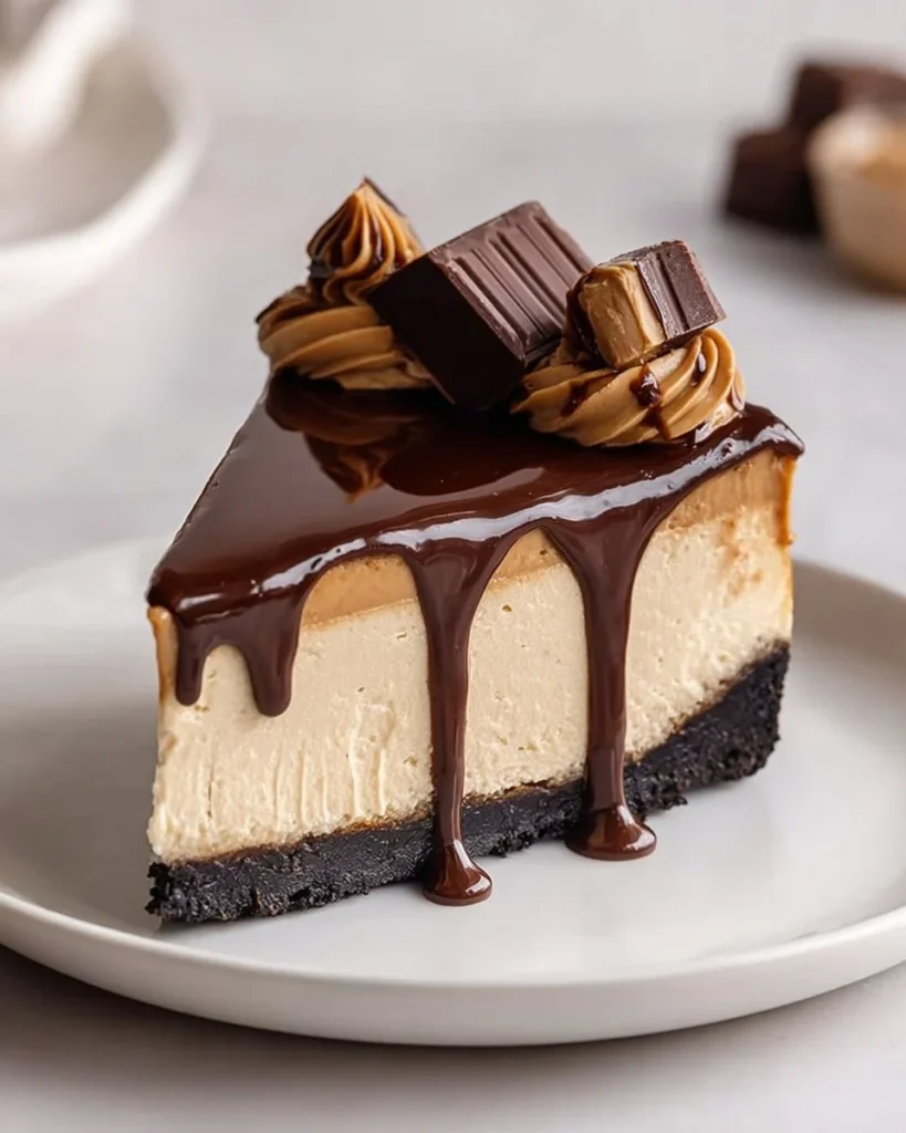 Chocolate covered peanut butter cheesecake slice on a white plate