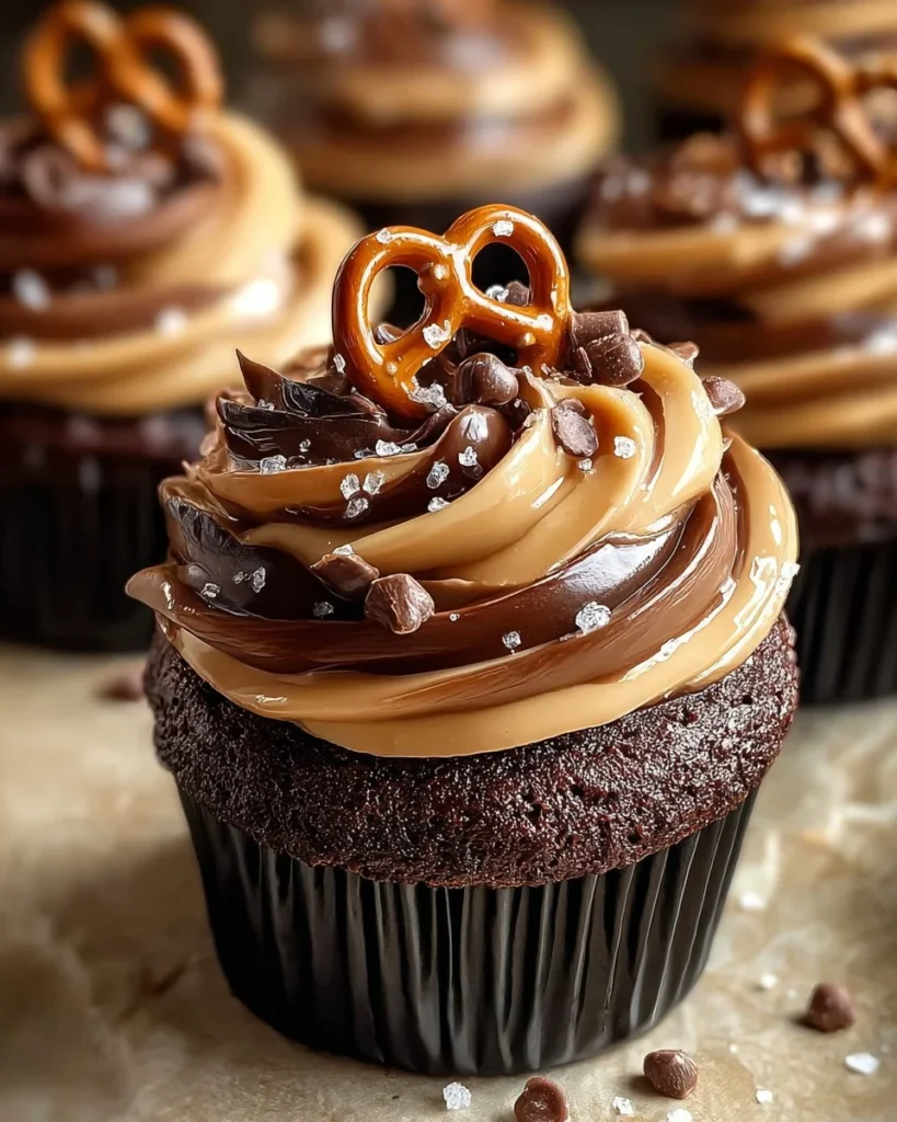 Chocolate Covered Peanut Butter Pretzel Cheesecake Cupcakes topped with pretzels