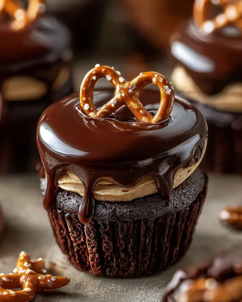 Chocolate covered peanut butter pretzel cheesecake cupcakes served on a plate
