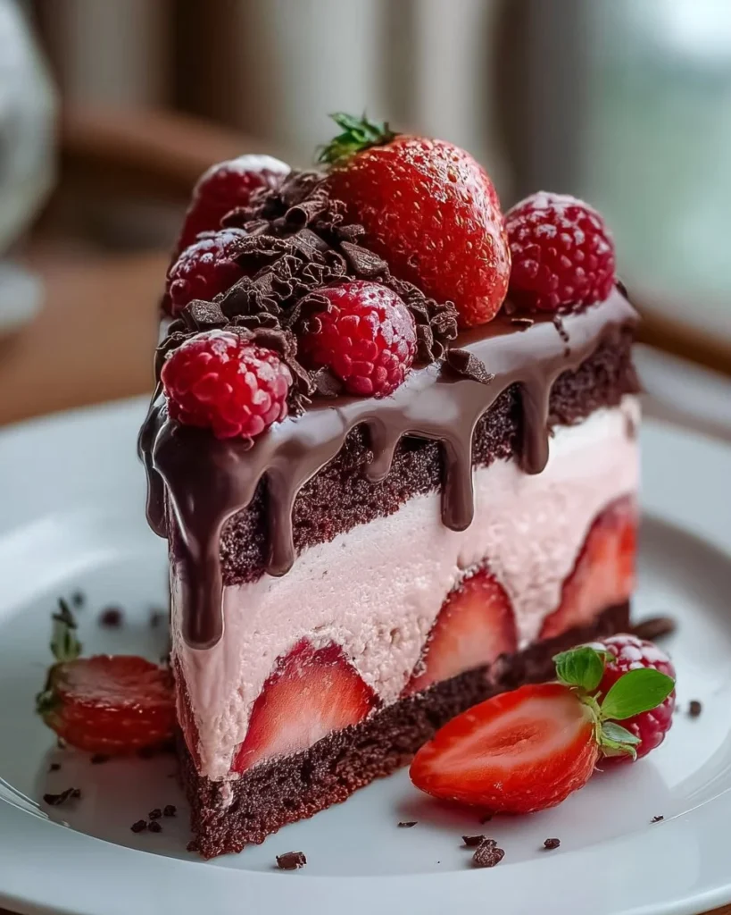 Delicious chocolate covered strawberry cake topped with fresh strawberries