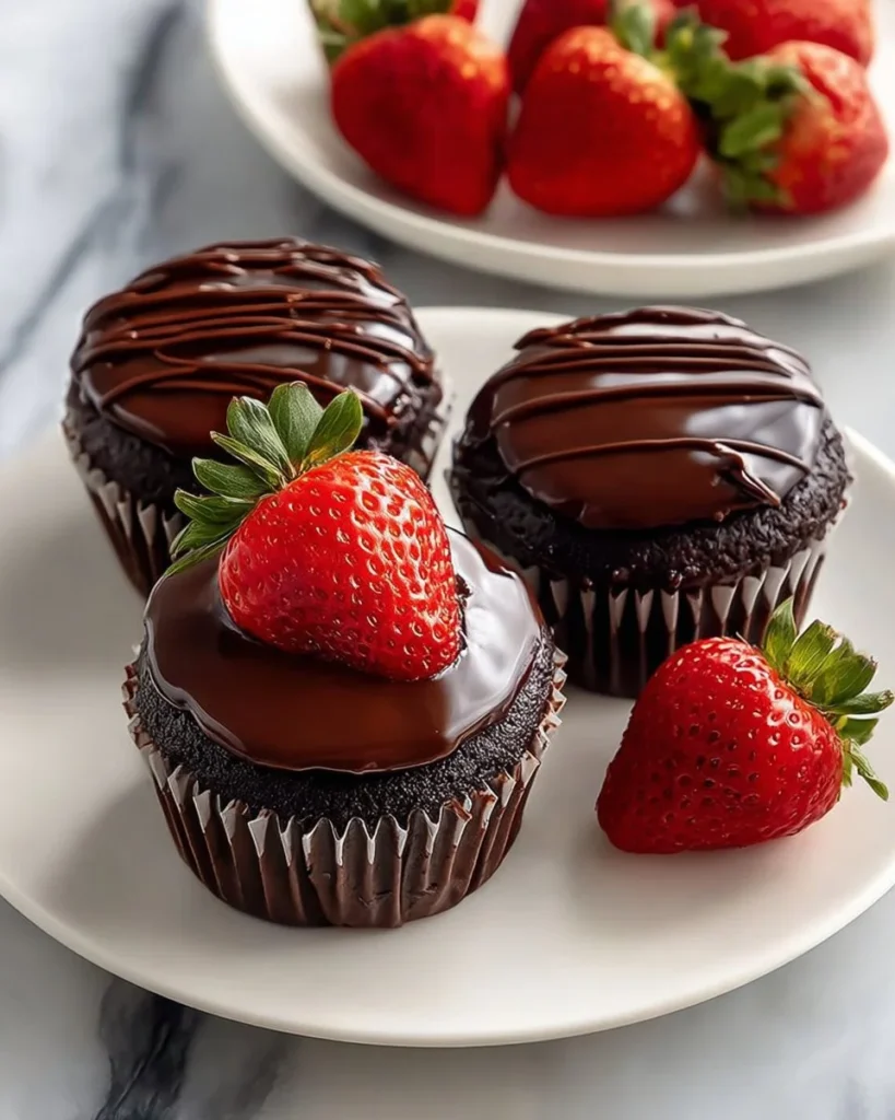 Delicious chocolate covered strawberry cupcakes with creamy frosting and strawberries on top