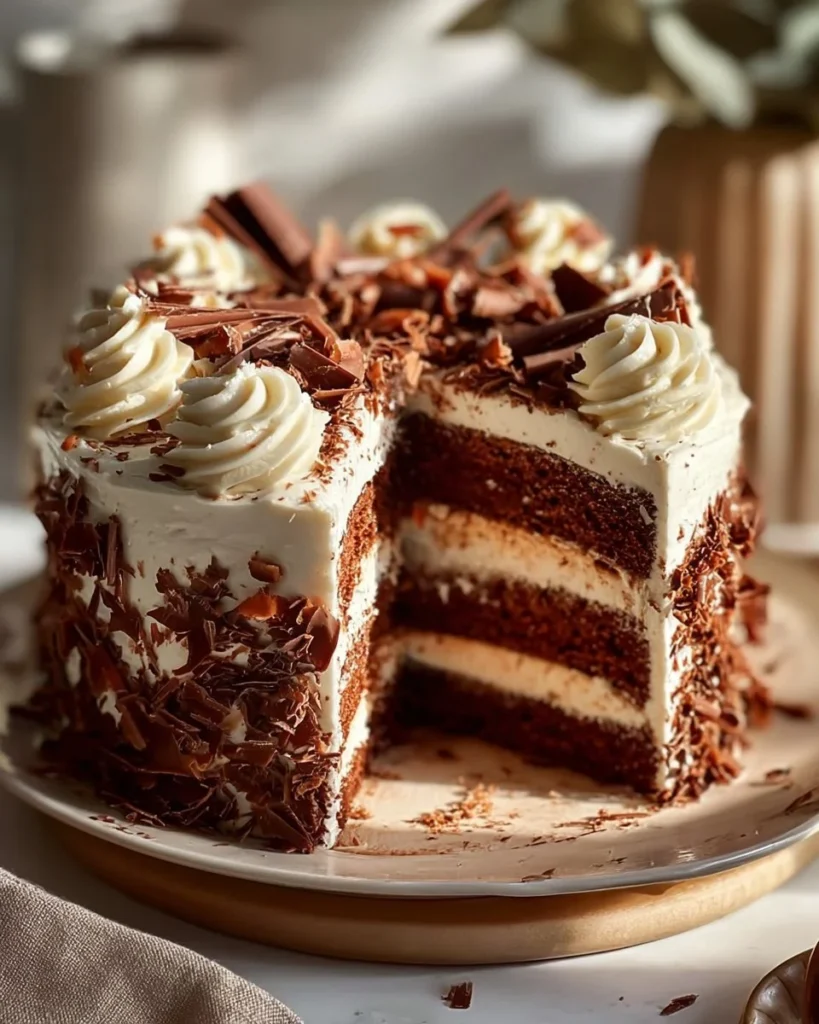 Delicious Chocolate Cream Cake topped with rich cream and chocolate shavings