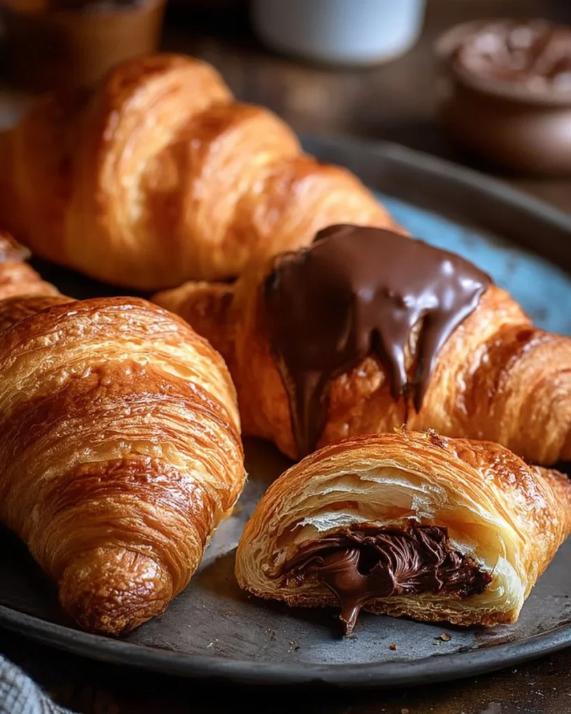 Freshly baked chocolate croissants on a wooden table