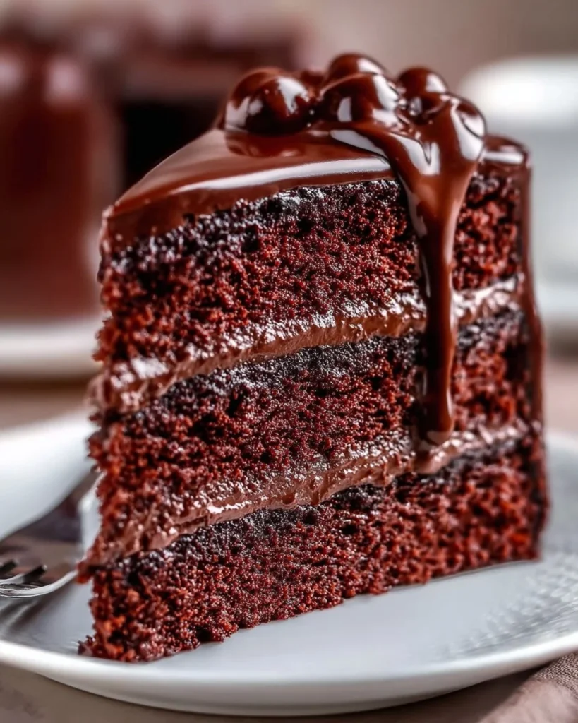 Delicious Chocolate Decadence Cake topped with rich chocolate ganache and decorations