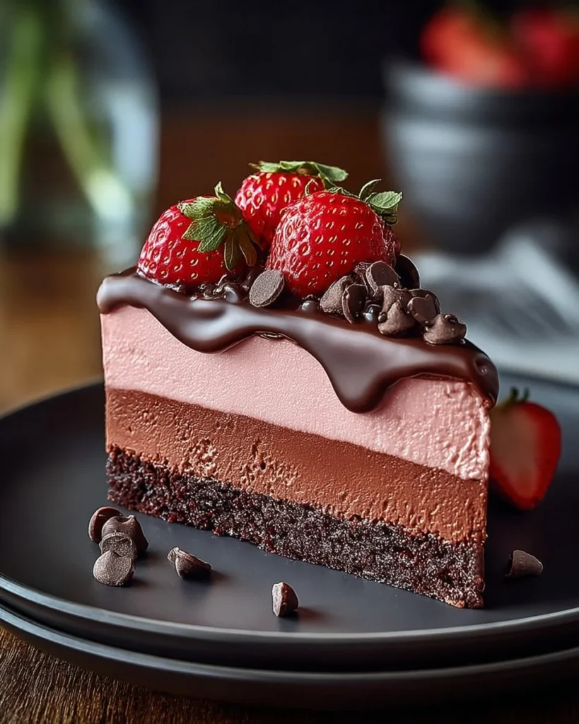 Delicious chocolate dipped strawberry mousse cake decorated with fresh strawberries