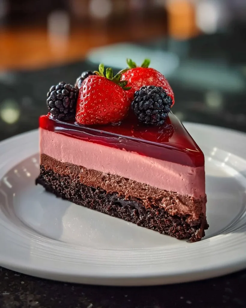 Decadent chocolate dipped strawberry mousse cake topped with fresh strawberries