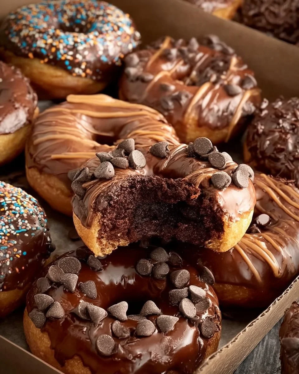 Freshly baked chocolate donuts with rich chocolate glaze
