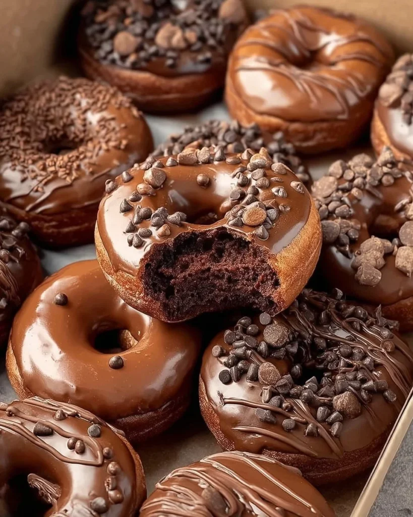 Deliciously frosted chocolate donuts on a plate, perfect for dessert lovers.