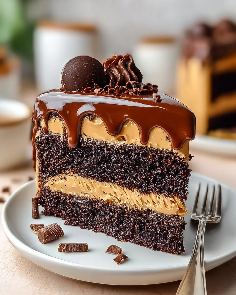 Delicious Chocolate Espresso Cake topped with chocolate ganache and coffee beans