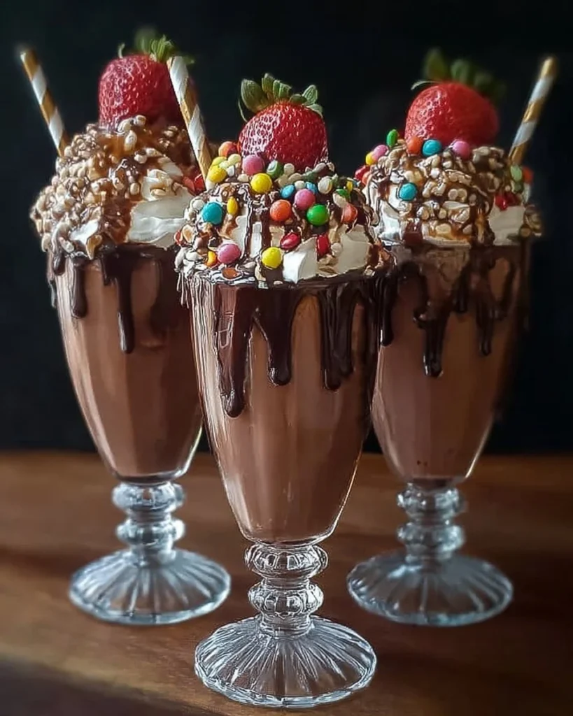 Decadent chocolate milkshake topped with whipped cream and chocolate sprinkles