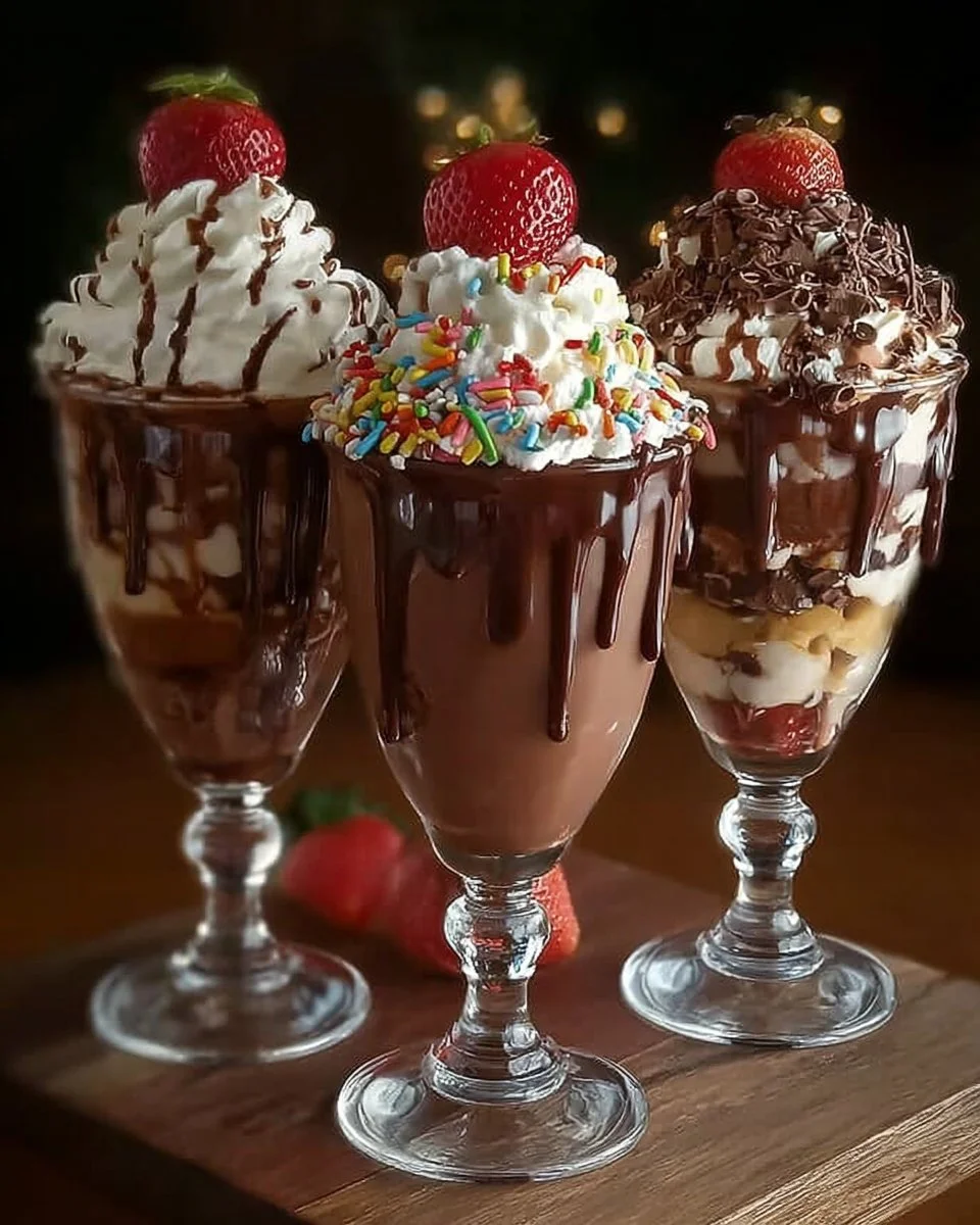 Creamy Chocolate Extravaganza Milkshake topped with whipped cream and chocolate sprinkles