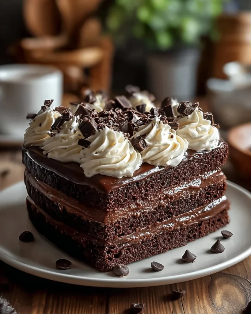 Delicious chocolate fudge brownie cake with a rich, moist texture topped with melted chocolate