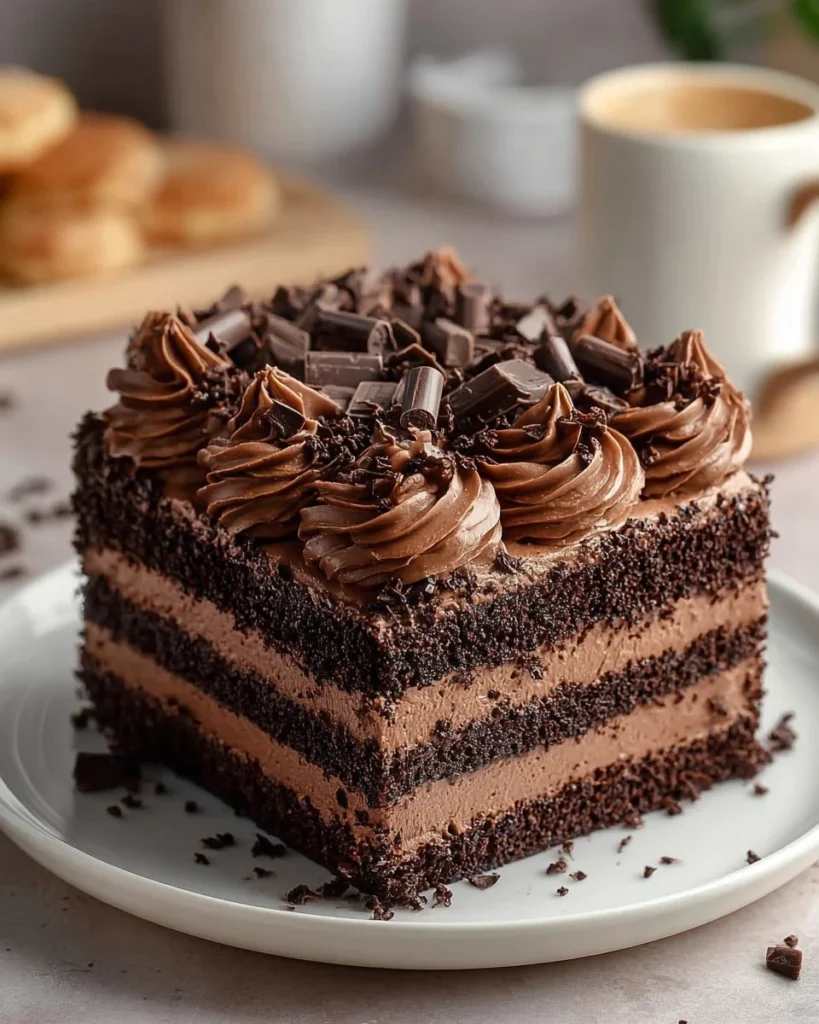 Deliciously rich Chocolate Fudge Brownie Cake topped with chocolate drizzle.