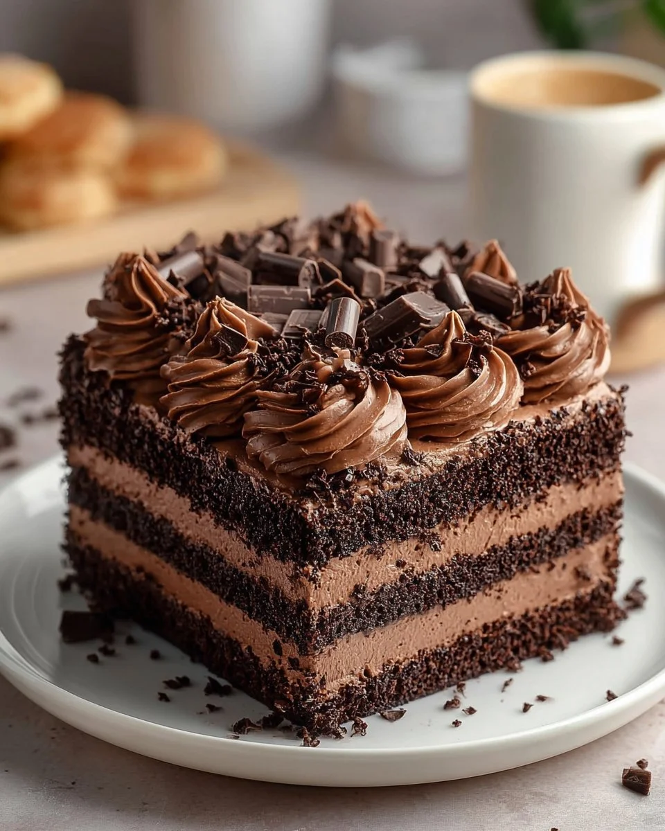Deliciously rich Chocolate Fudge Brownie Cake topped with chocolate drizzle.