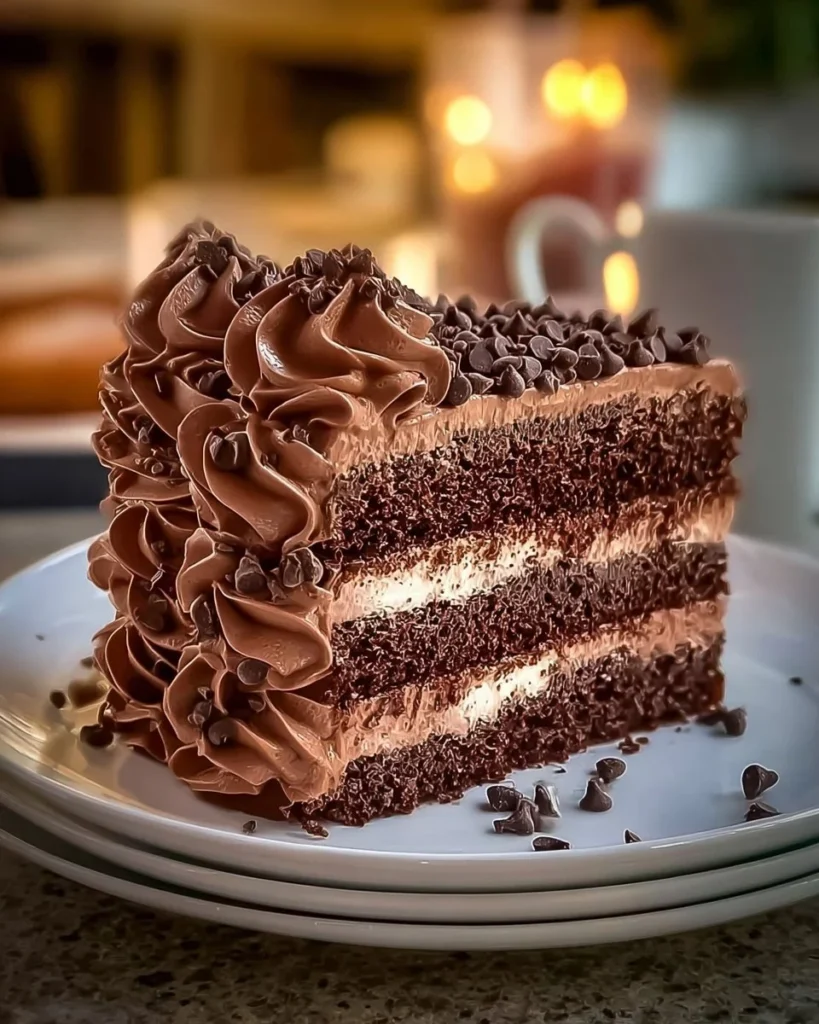Delicious chocolate fudge brownie cake topped with chocolate icing and sprinkles