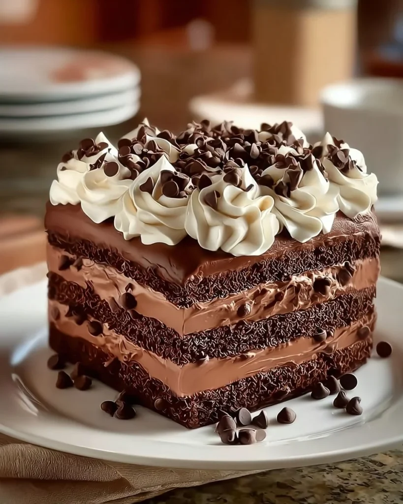 Delicious chocolate fudge brownie cake topped with chocolate drizzle