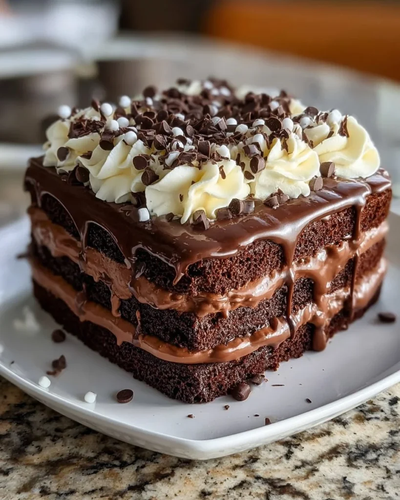Delicious chocolate fudge brownie cake topped with chocolate ganache and nuts