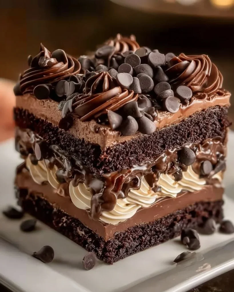 Delicious chocolate fudge brownie cake topped with chocolate icing