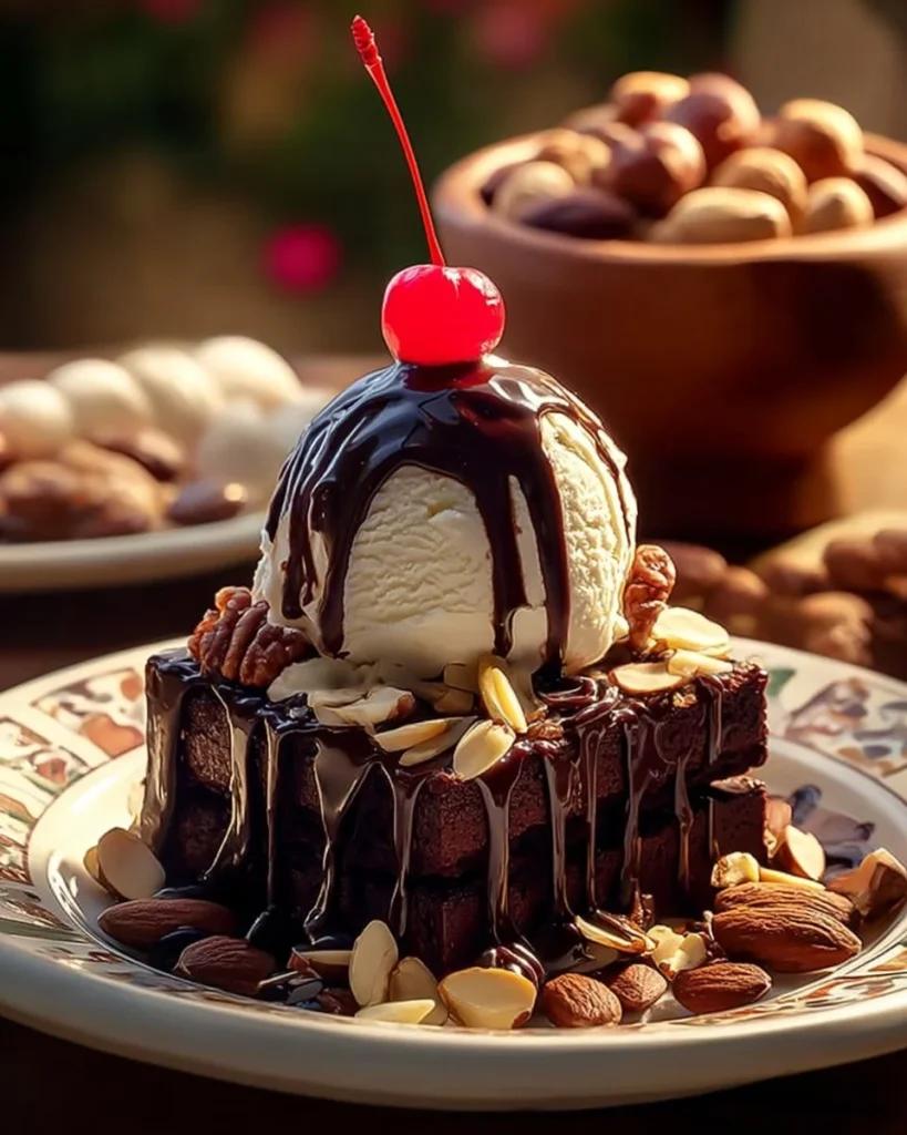 Chocolate fudge brownie sundae topped with ice cream and chocolate sauce