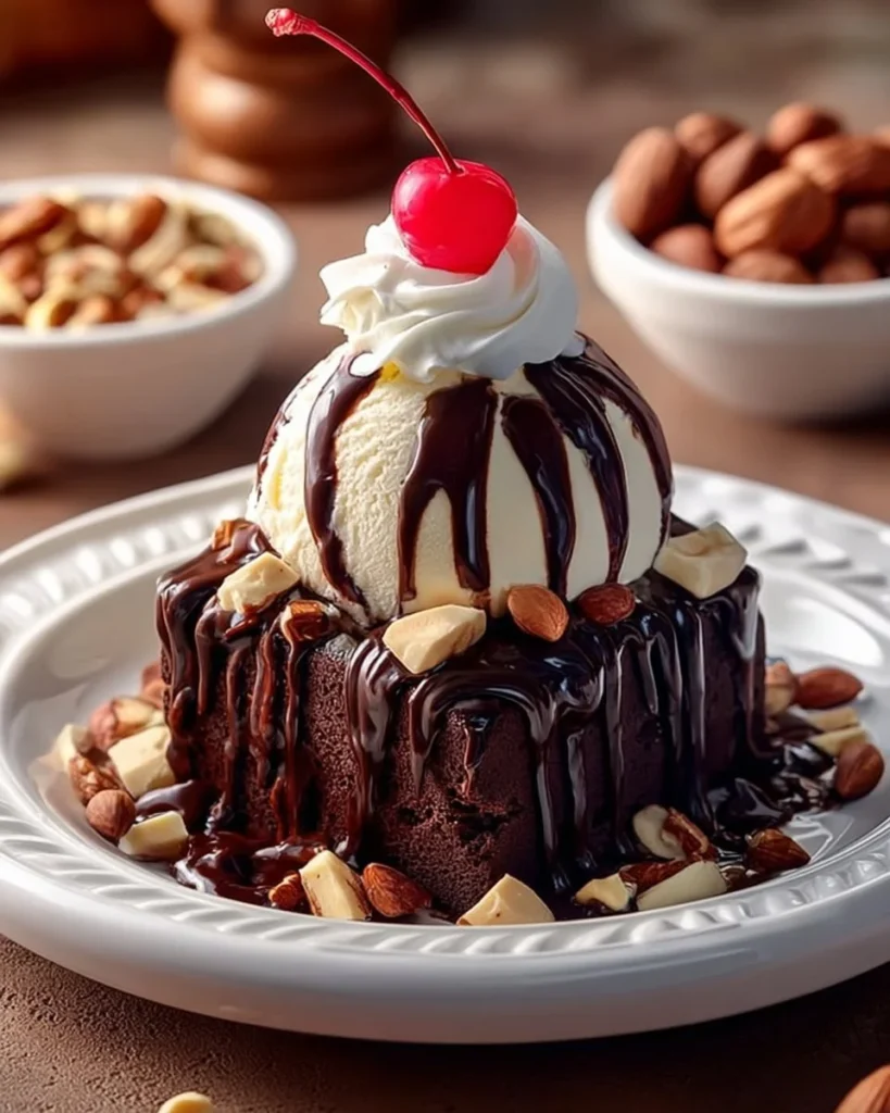 Delicious Chocolate Fudge Brownie Sundae topped with ice cream and chocolate sauce