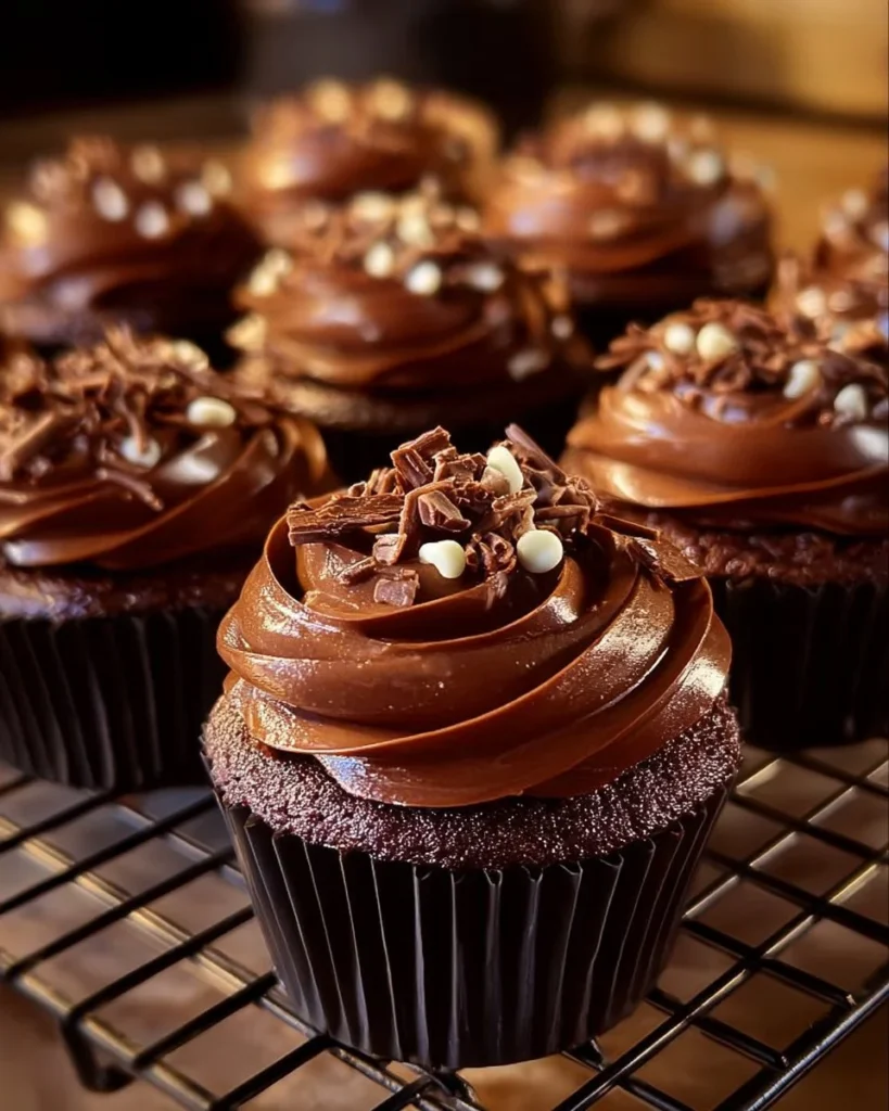Deliciously rich chocolate fudge cupcakes topped with creamy frosting.