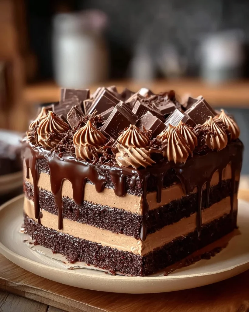 Delicious layered Chocolate Fudge Cake with rich frosting and chocolate drizzle.