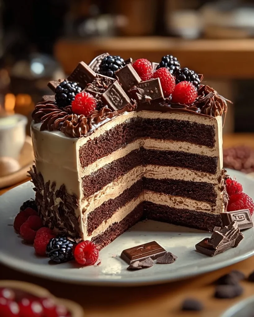 Delicious chocolate fudge layered cake with rich chocolate frosting and decorations.