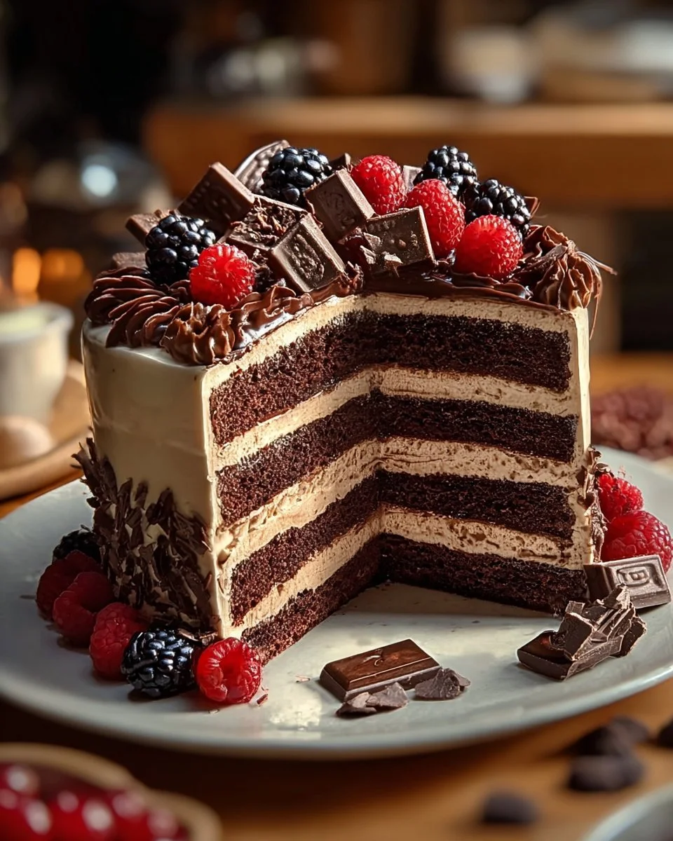 Delicious chocolate fudge layered cake with rich chocolate frosting and decorations.