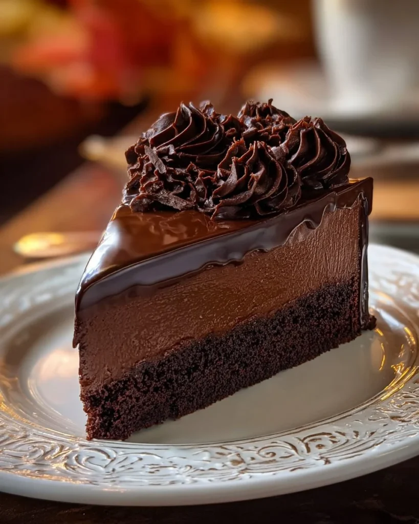 Slice of chocolate fudge truffle cheesecake with rich chocolate topping