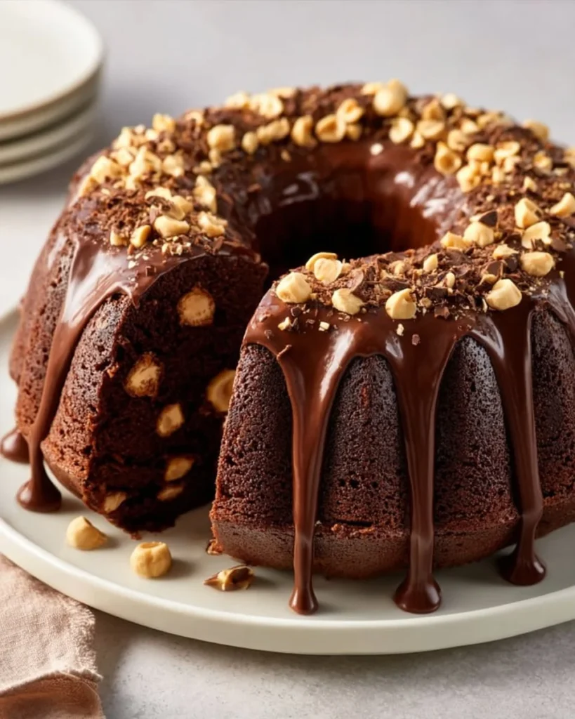 Delicious Chocolate Hazelnut Cake topped with creamy frosting and hazelnuts