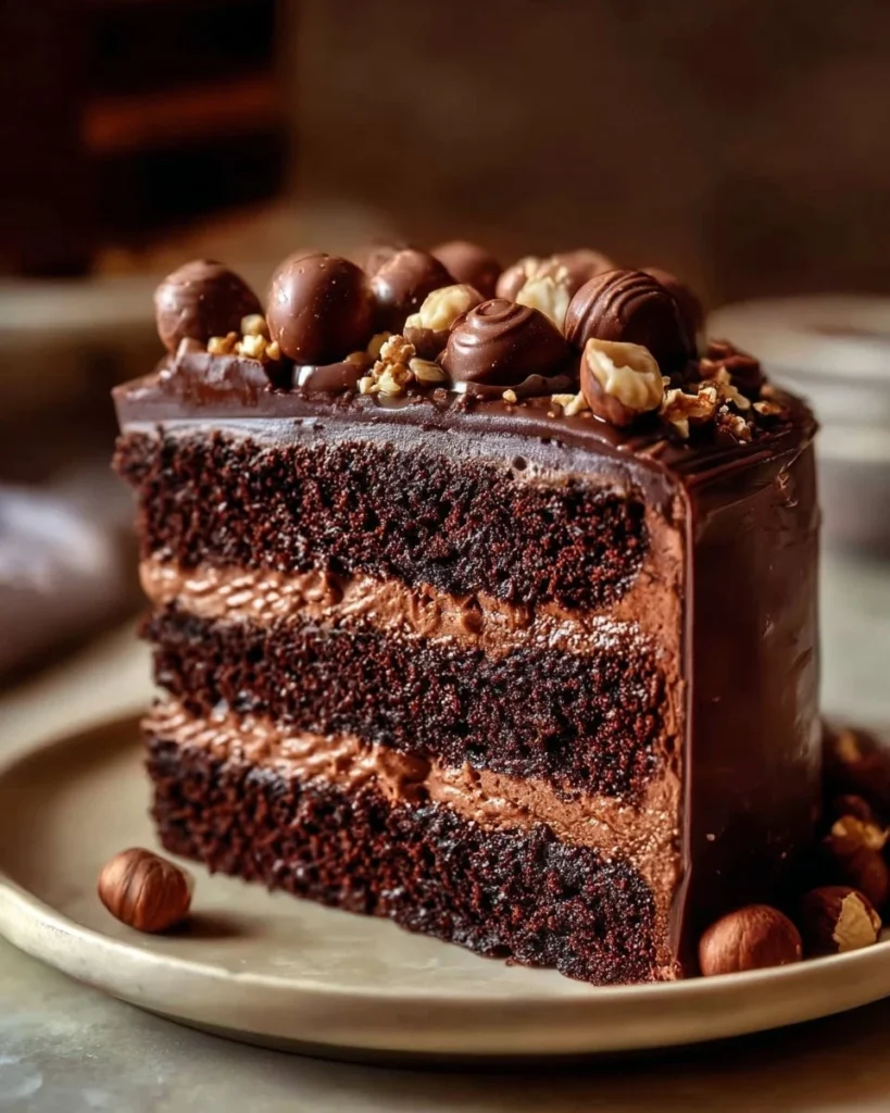 Chocolate Hazelnut Explosion Layer Cake with rich chocolate and hazelnut layers