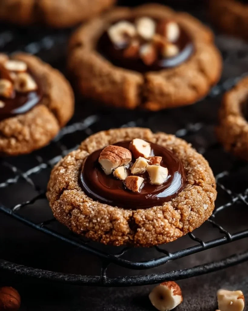 Chocolate hazelnut thumbprint cookies topped with chocolate drizzle