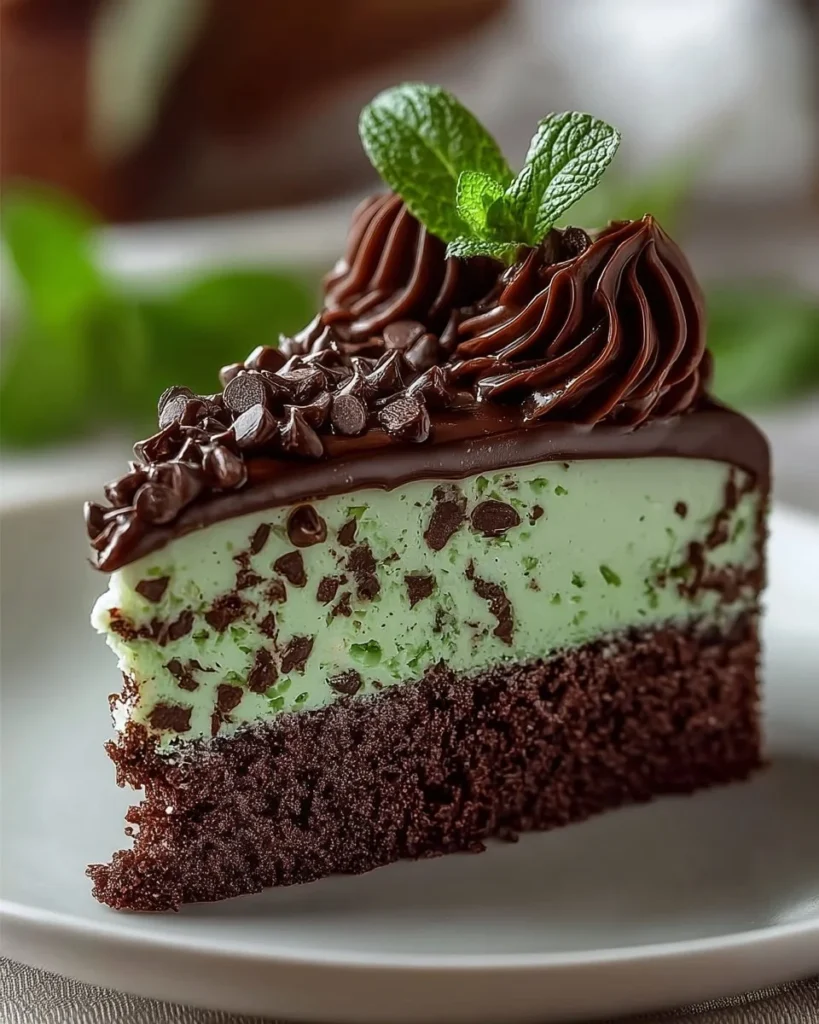Delicious Chocolate Mint Cheesecake with a chocolate crust and mint topping.