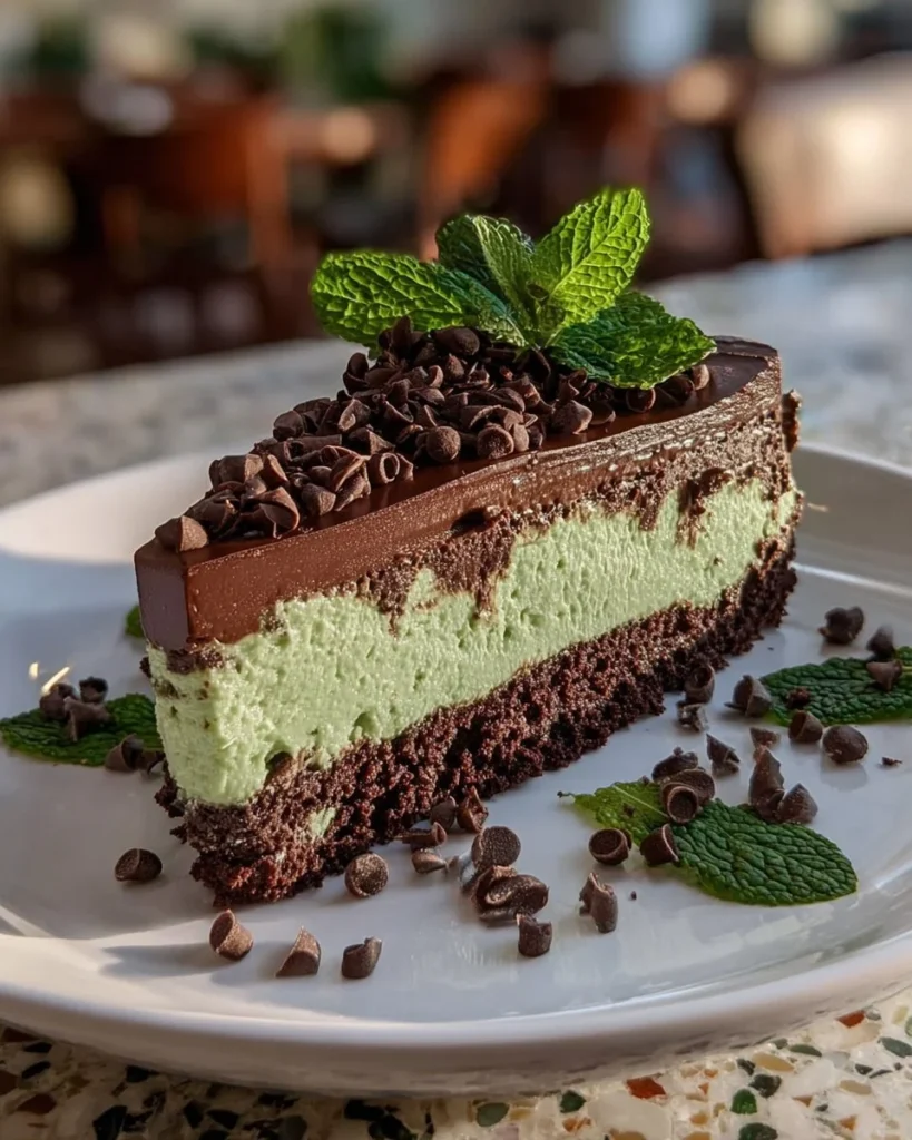 Delicious chocolate mint cheesecake cake topped with mint chocolate frosting.