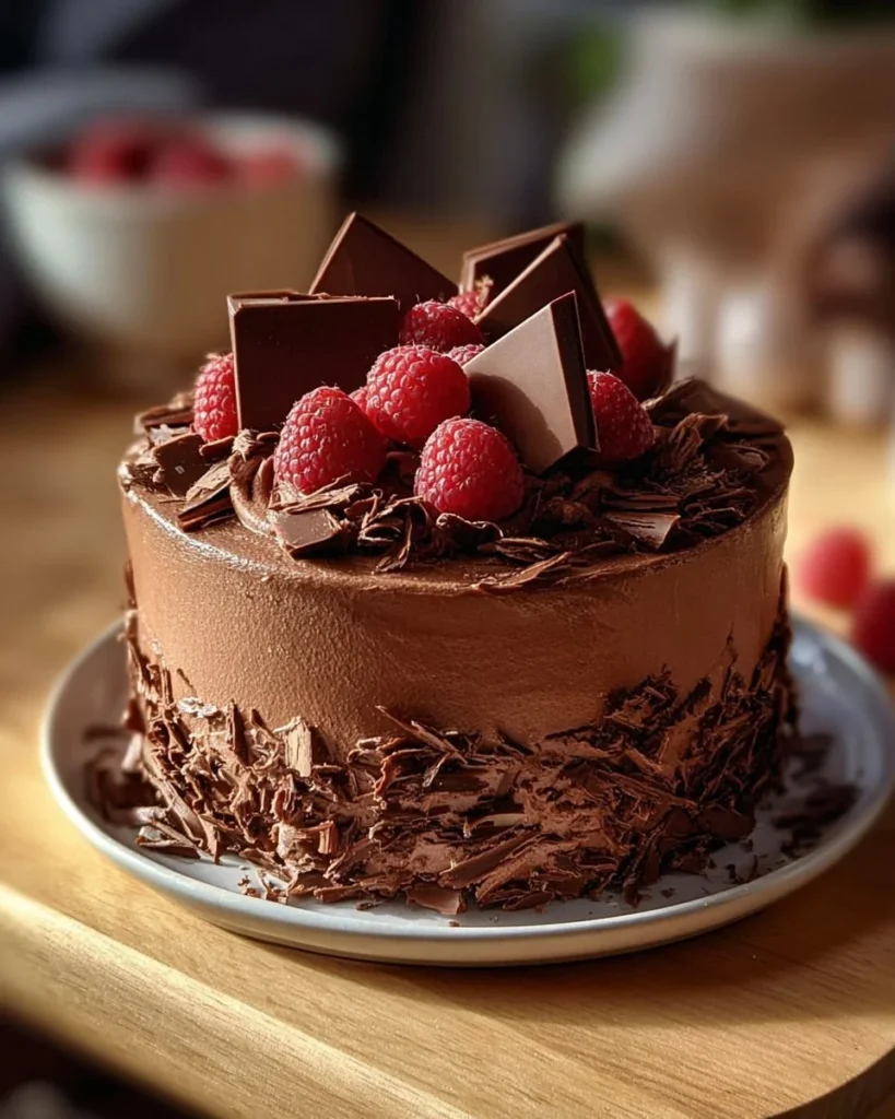 Delicious homemade chocolate mousse cake topped with chocolate shavings