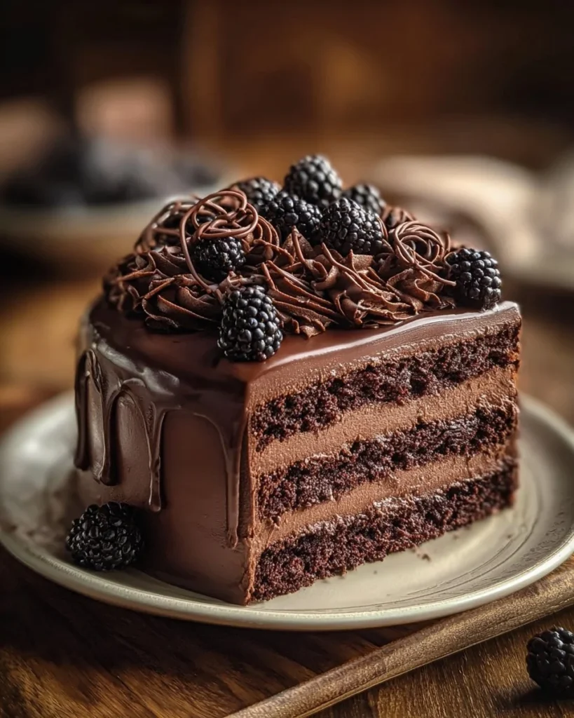 Decadent Chocolate Mousse Cake topped with chocolate shavings.