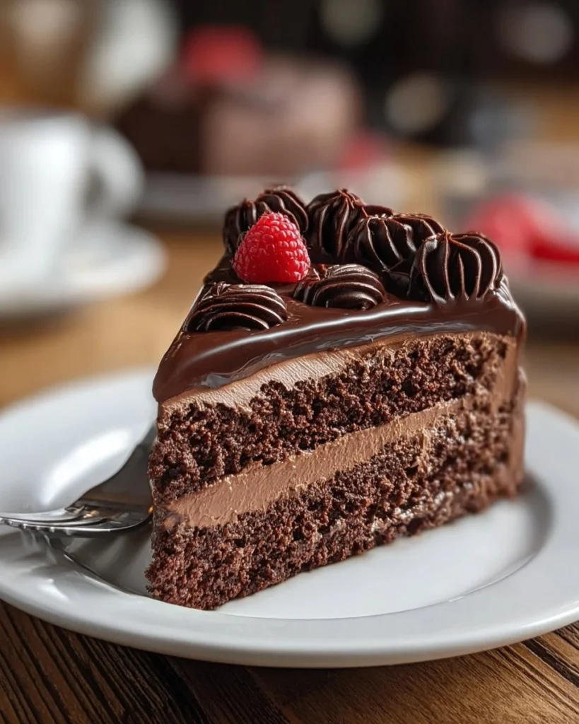 Delicious slice of Chocolate Mousse Cake topped with chocolate shavings and berries