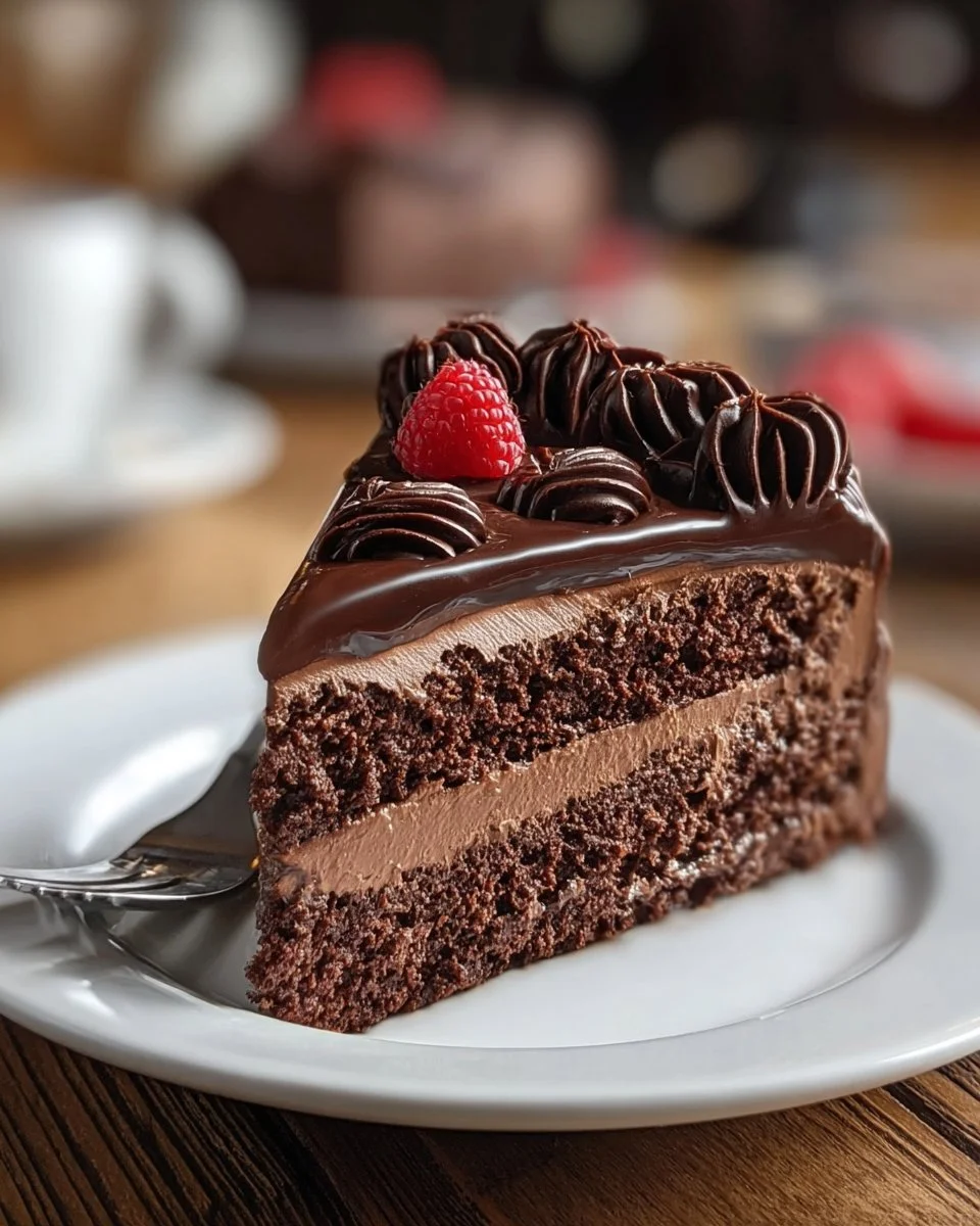 Delicious slice of Chocolate Mousse Cake topped with chocolate shavings and berries