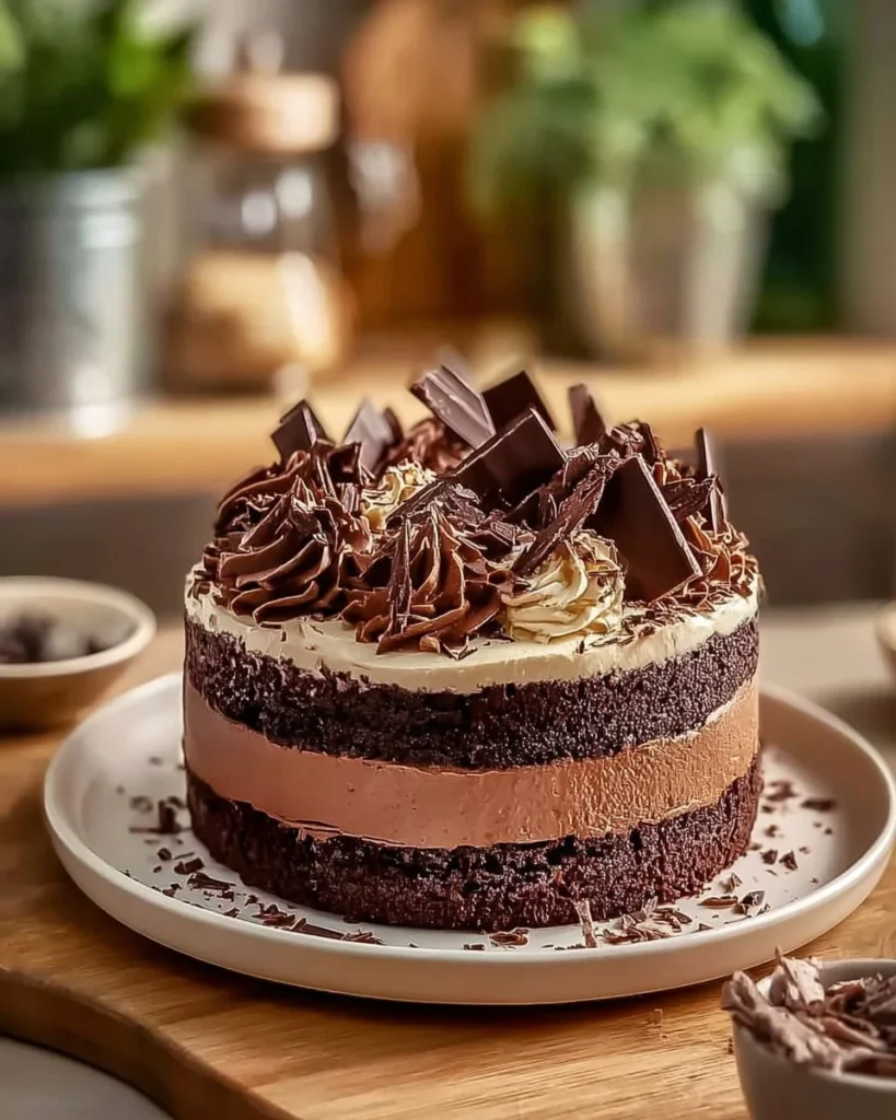 Delicious Chocolate Mousse Cake topped with chocolate shavings and fresh strawberries.