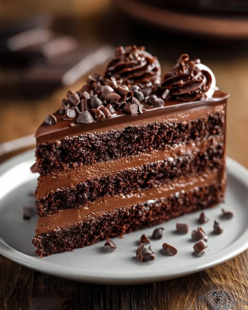 Deliciously rich Chocolate Mousse Cake topped with chocolate shavings and berries.