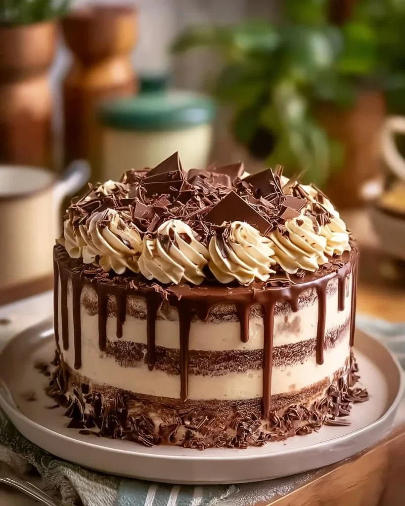 Delicious homemade Chocolate Mousse Cake topped with chocolate shavings