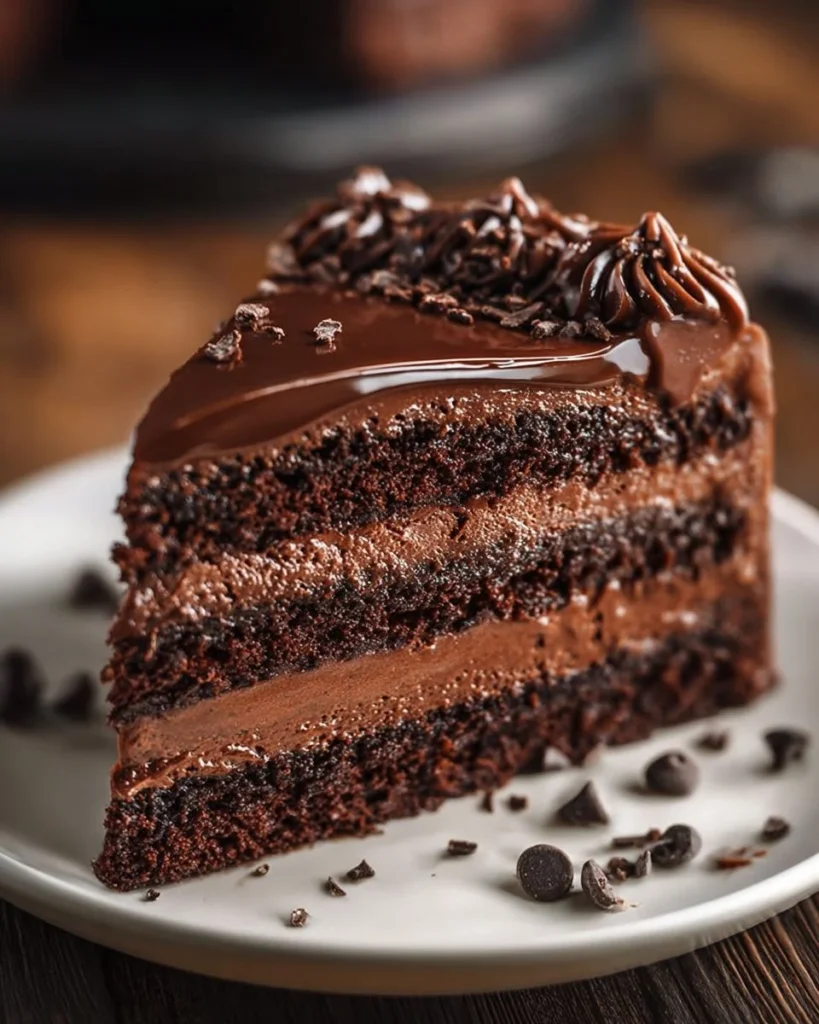 Delicious Chocolate Mousse Cake topped with chocolate shavings and cream