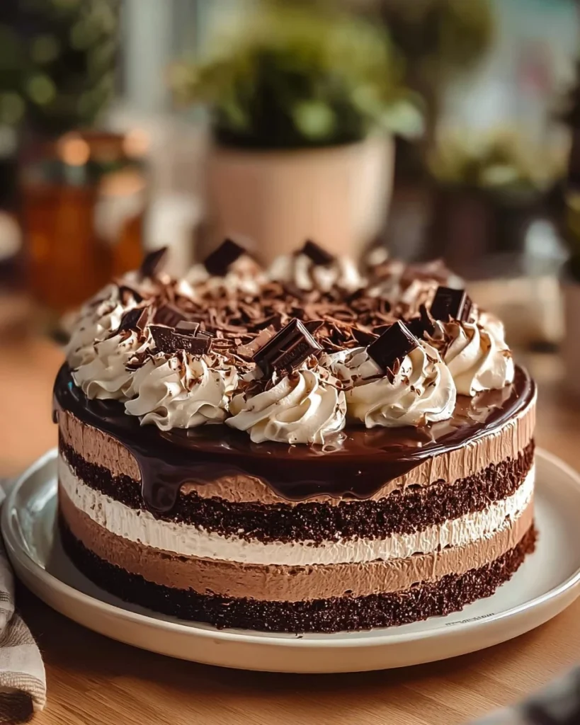 Delicious chocolate mousse cake topped with chocolate shavings and whipped cream