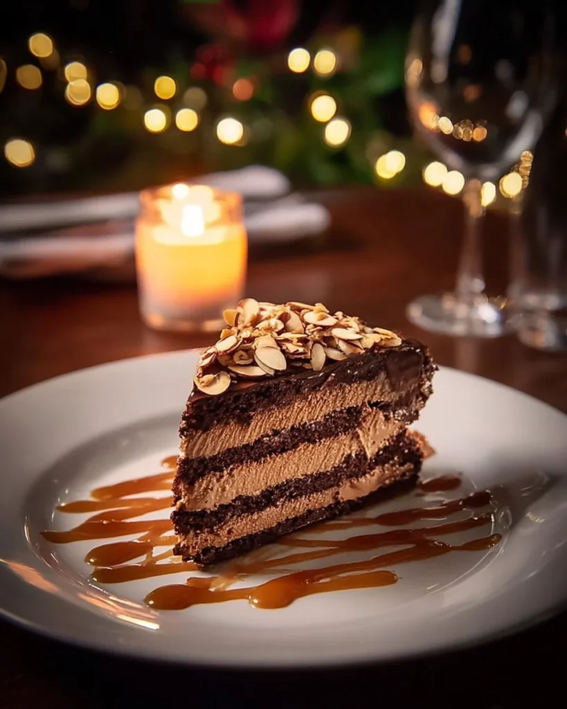 Chocolate mousse cake topped with almonds and drizzles
