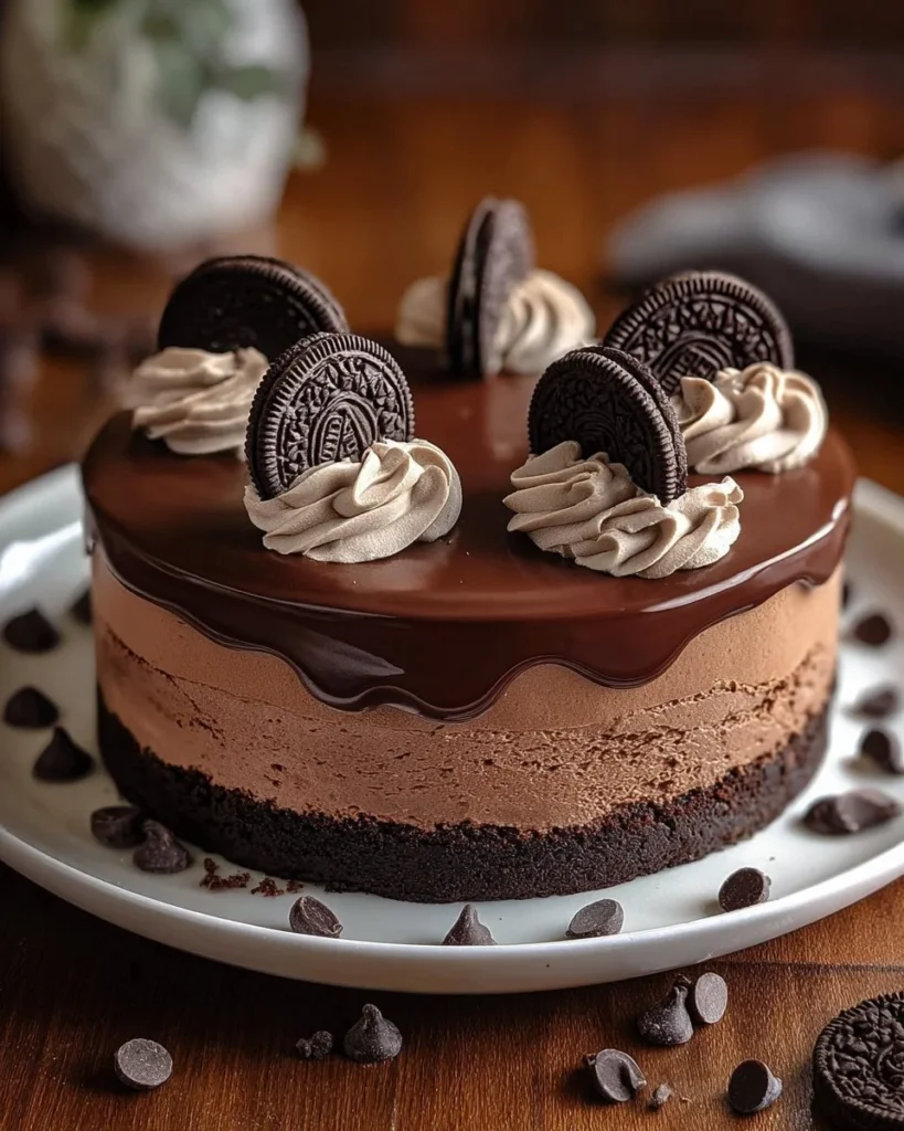 Delicious Chocolate Mousse Cake with an Oreo cookie base, ready to be served.