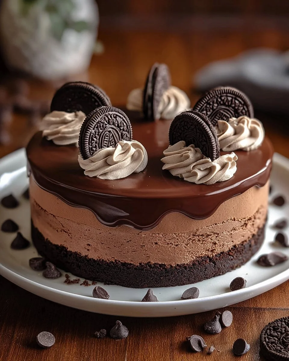 Delicious Chocolate Mousse Cake with an Oreo cookie base, ready to be served.