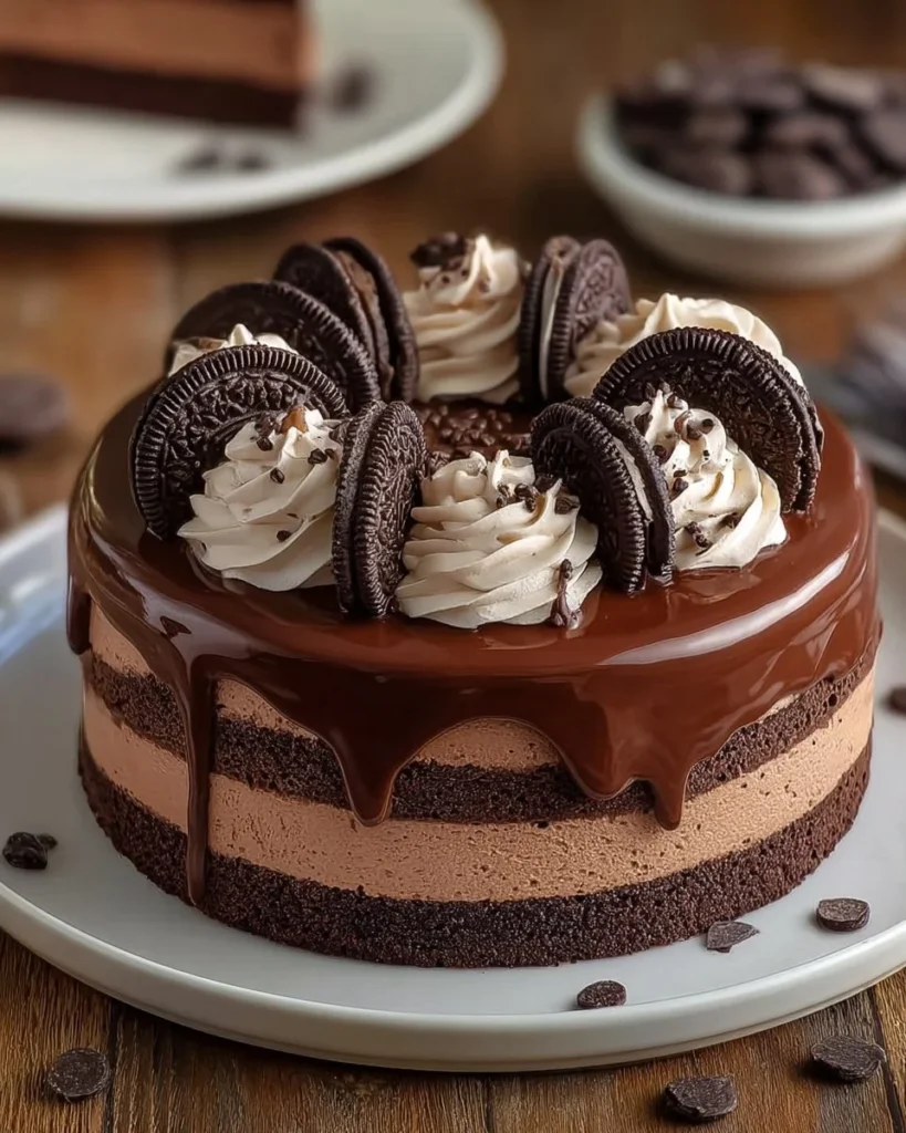 Delicious Chocolate Mousse Cake with Oreo Base topped with chocolate shavings.