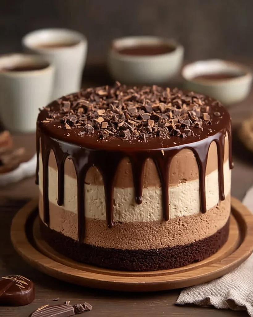 Delicious Chocolate Mousse Layer Cake with rich chocolate layers and mousse filling