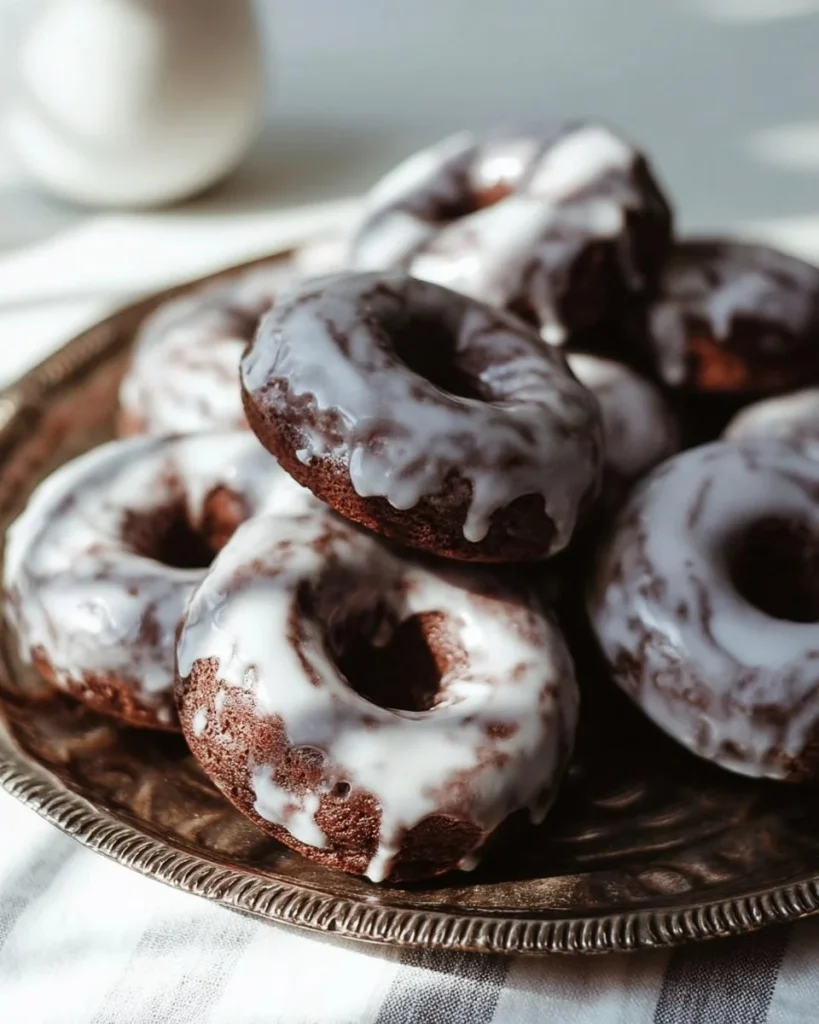 Chocolate old-fashioned donuts topped with glaze.
