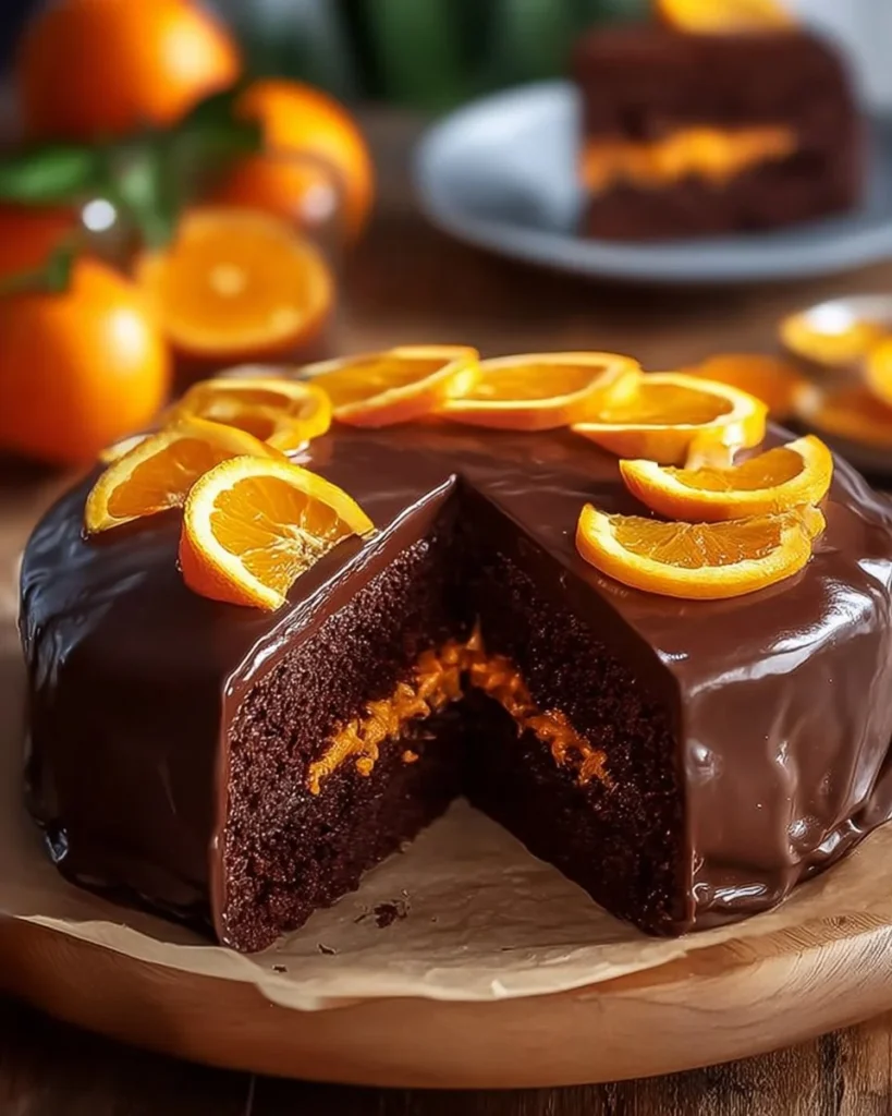 Deliciously moist Chocolate Orange Cake topped with chocolate ganache and orange zest